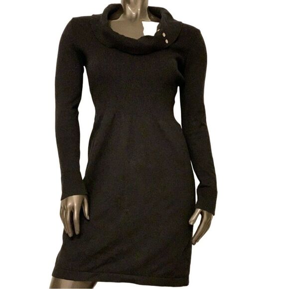 Vintage 90s WHBM Cowl Neck Long Sleeve Ribbed Knit Sweater Dress XL Black - Picture 1 of 10